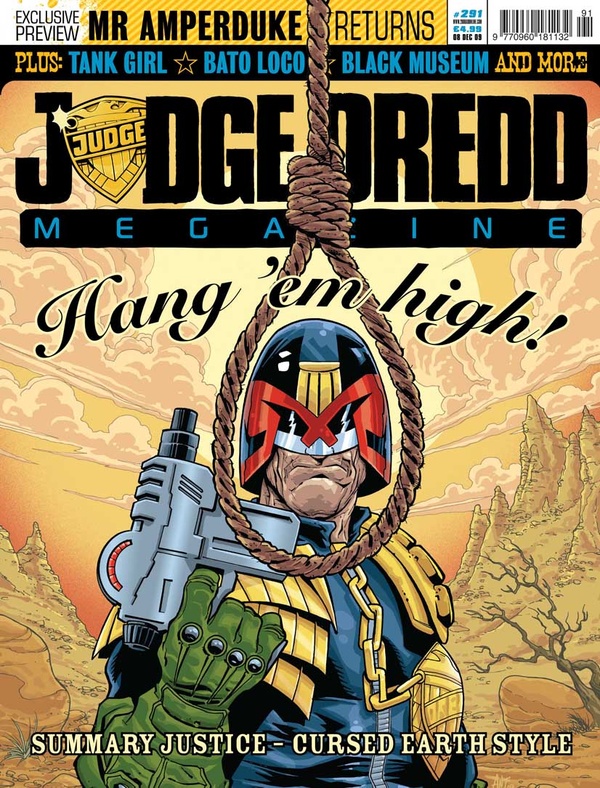 Couverture : Judge Dredd Megazine (2003) #291 : Invitation to a Hanging / Mission 4728937429-B, Part 1: The Lightning Tree / Heart of Iron / Mister Amperduke / Kiss Me Deadly, Part 2