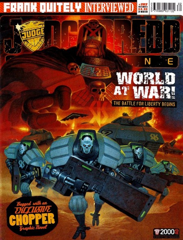 Couverture : Judge Dredd Megazine (2003) #282 : Borrowed Time / Field Trip, Part 4 / Skidmarks, Part 8: High Speed Sausage / Insurrection, Part 4